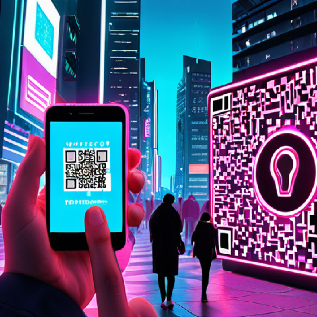 **
A futuristic cityscape with glowing neon signs promoting "SSI Wallets" and "Passwordless Login." People are effortlessly scanning QR codes with their smartphones to enter buildings and access services. In the background, a giant, stylized fingerprint morphs into a blockchain network, symbolizing secure digital identity. The overall tone is optimistic and high-tech, suggesting a seamless and secure digital future.
**