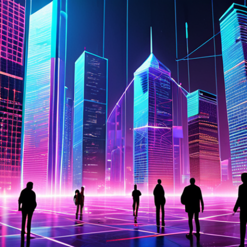 Home 14 **Prompt:** A futuristic cityscape with blockchain-linked skyscrapers displaying real-time financial data streams, symbolizing transparency and global reach. In the foreground, diverse individuals access financial services through holographic interfaces, representing financial inclusion. Vibrant colors, digital art style, emphasizing innovation and accessibility.
