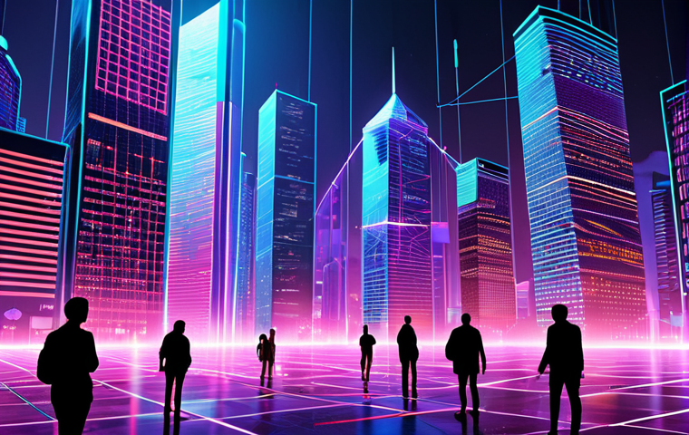 **Prompt:** A futuristic cityscape with blockchain-linked skyscrapers displaying real-time financial data streams, symbolizing transparency and global reach. In the foreground, diverse individuals access financial services through holographic interfaces, representing financial inclusion. Vibrant colors, digital art style, emphasizing innovation and accessibility.