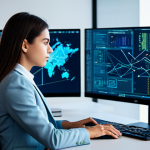 A focused female professional blockchain developer in a modest, tailored business suit, sitting at a sleek, minimalist desk in a modern tech office. She is illuminated by the soft glow of multiple large monitors displaying complex Solidity code and abstract security schematics. One screen prominently features glowing lines indicating secure data flow and subtle, abstract visual anomalies hinting at potential vulnerabilities within the code. The image conveys deep concentration and intellectual engagement. Fully clothed, appropriate attire, safe for work, perfect anatomy, correct proportions, natural pose, well-formed hands, proper finger count, natural body proportions, professional photography, high resolution, cinematic lighting, professional, modest, family-friendly.