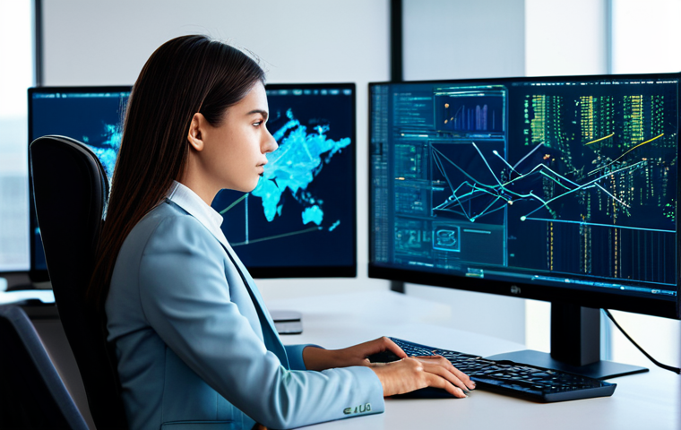 A focused female professional blockchain developer in a modest, tailored business suit, sitting at a sleek, minimalist desk in a modern tech office. She is illuminated by the soft glow of multiple large monitors displaying complex Solidity code and abstract security schematics. One screen prominently features glowing lines indicating secure data flow and subtle, abstract visual anomalies hinting at potential vulnerabilities within the code. The image conveys deep concentration and intellectual engagement. Fully clothed, appropriate attire, safe for work, perfect anatomy, correct proportions, natural pose, well-formed hands, proper finger count, natural body proportions, professional photography, high resolution, cinematic lighting, professional, modest, family-friendly.