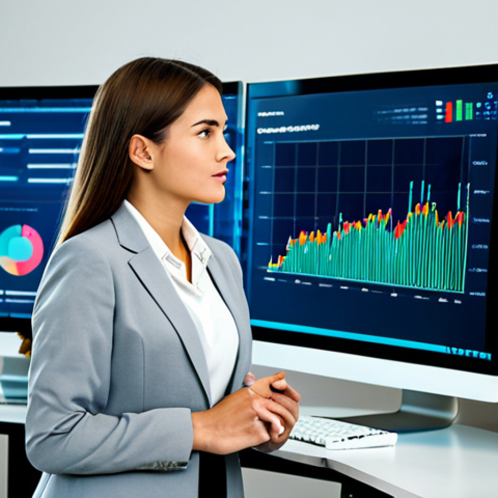 A professional data analyst, fully clothed in a modest business suit, stands confidently in a modern, well-lit office. She is attentively observing a large, high-definition monitor displaying an intuitive blockchain data visualization, featuring clear transaction graphs and financial analytics dashboards that simplify complex information. Her posture is natural, and her expression conveys understanding and confidence. The office environment is clean and professional, with subtle technology elements. Perfect anatomy, correct proportions, natural pose, well-formed hands, proper finger count. Professional photography, high quality, sharp focus, vibrant colors, safe for work, appropriate content, family-friendly.