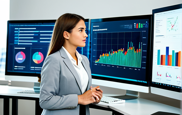 A professional data analyst, fully clothed in a modest business suit, stands confidently in a modern, well-lit office. She is attentively observing a large, high-definition monitor displaying an intuitive blockchain data visualization, featuring clear transaction graphs and financial analytics dashboards that simplify complex information. Her posture is natural, and her expression conveys understanding and confidence. The office environment is clean and professional, with subtle technology elements. Perfect anatomy, correct proportions, natural pose, well-formed hands, proper finger count. Professional photography, high quality, sharp focus, vibrant colors, safe for work, appropriate content, family-friendly.