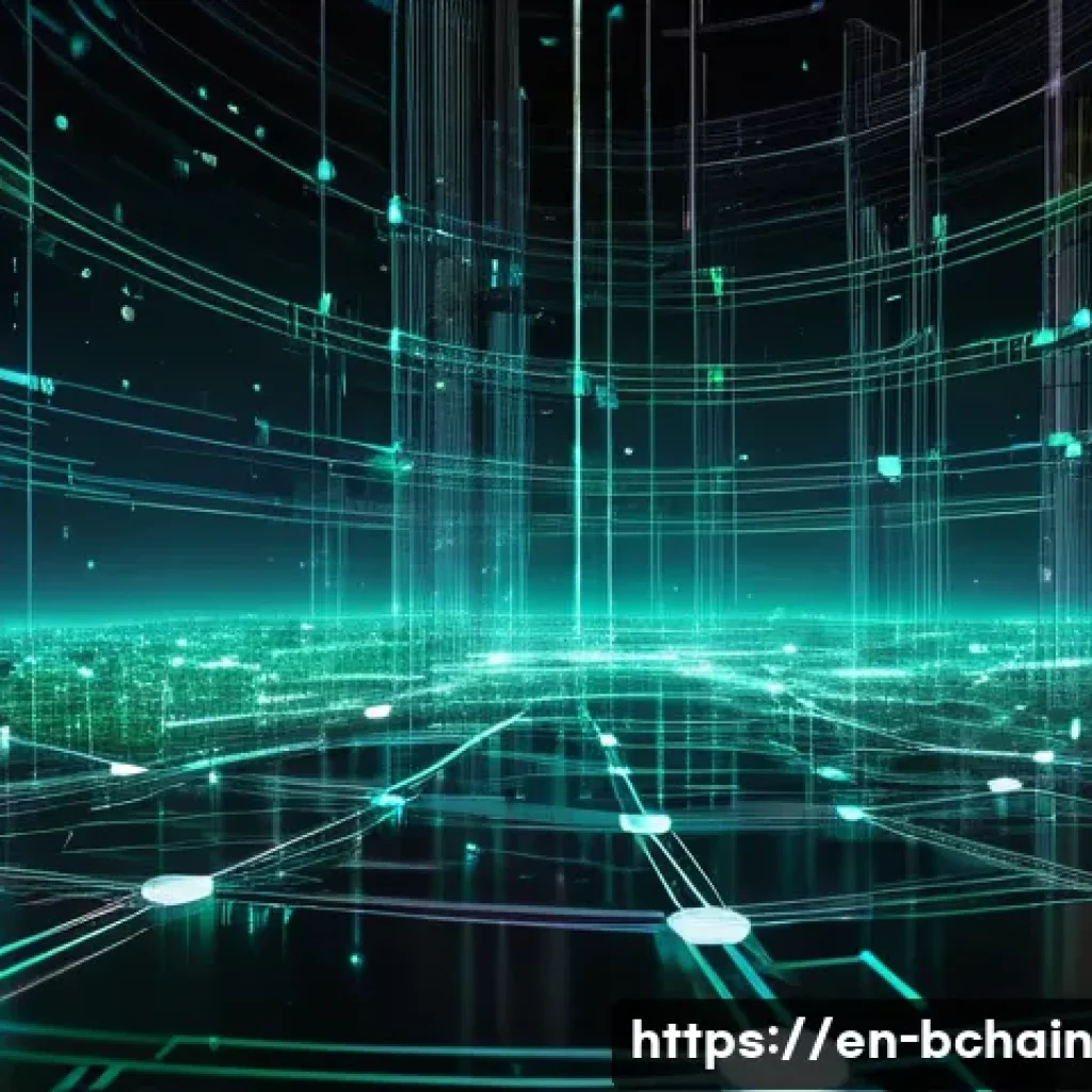 블록체인 기술의 역사와 발전 - A futuristic digital art scene depicting the origin of blockchain technology: a glowing, decentraliz...