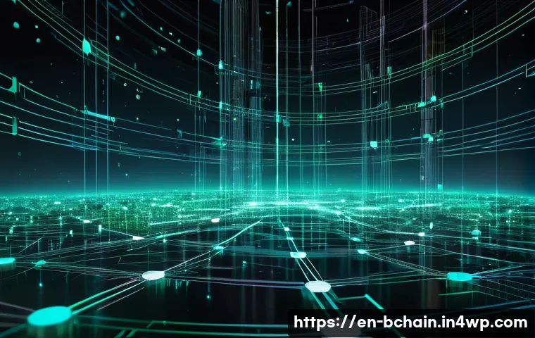 블록체인 기술의 역사와 발전 - A futuristic digital art scene depicting the origin of blockchain technology: a glowing, decentraliz...