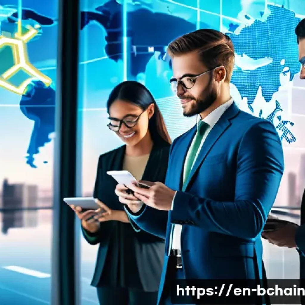 블록체인 기술이 금융에 미치는 영향 - A futuristic international payment scene showing diverse professionals using blockchain-powered mobi...