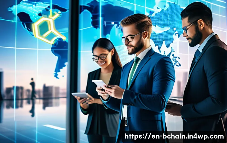 블록체인 기술이 금융에 미치는 영향 - A futuristic international payment scene showing diverse professionals using blockchain-powered mobi...