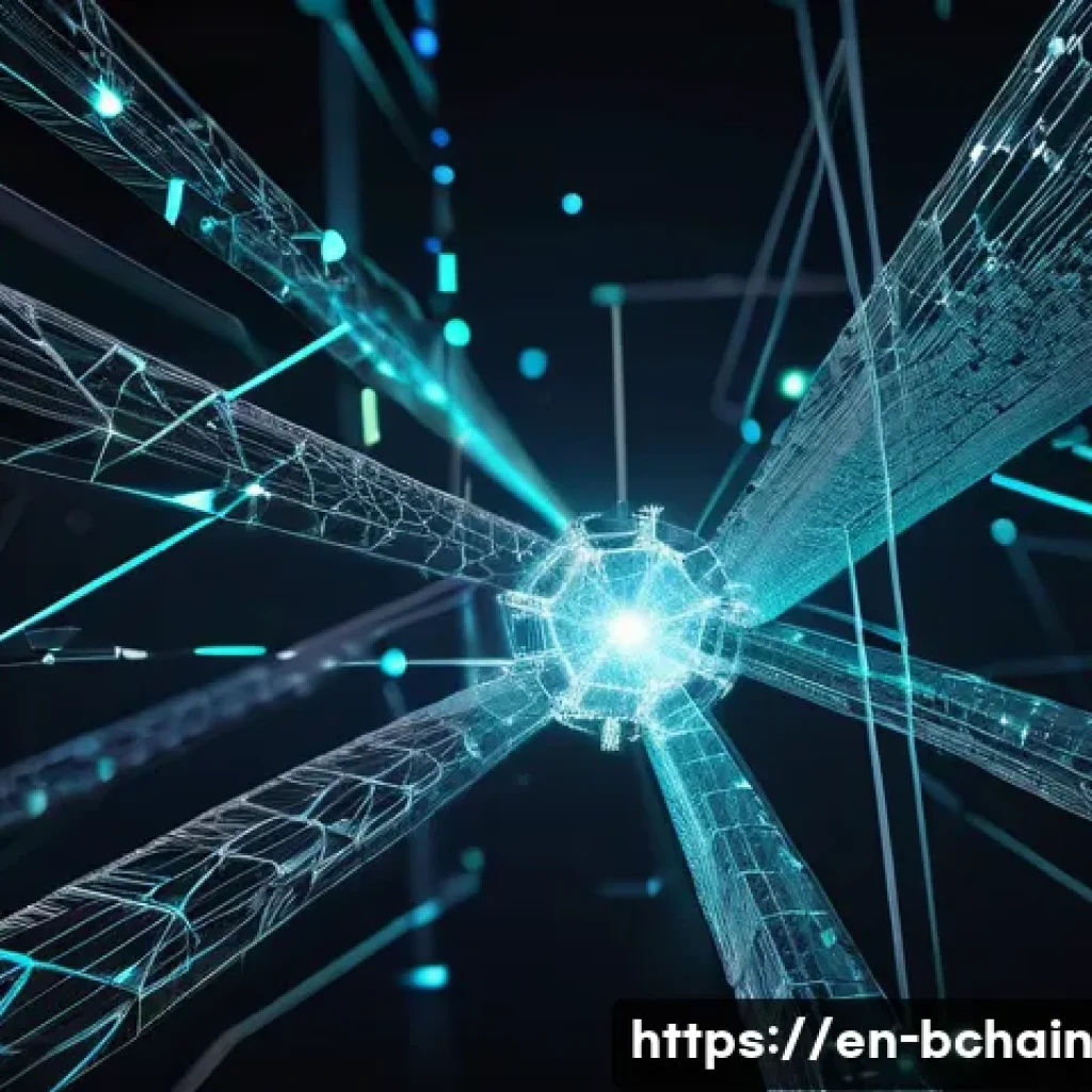 블록체인 개발자의 필독서 추천 - A futuristic digital illustration of a decentralized blockchain network: multiple glowing interconne...