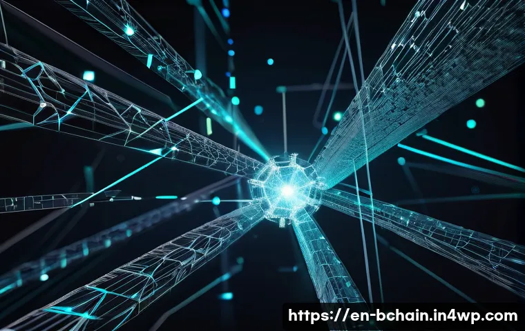 블록체인 개발자의 필독서 추천 - A futuristic digital illustration of a decentralized blockchain network: multiple glowing interconne...