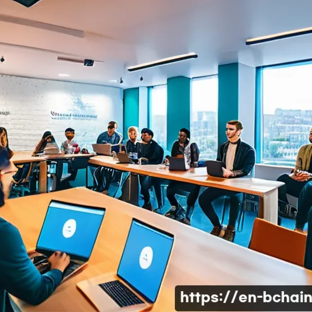 블록체인 프로젝트의 성공 요소 분석 - A vibrant, modern co-working space filled with diverse blockchain project team members and community...
