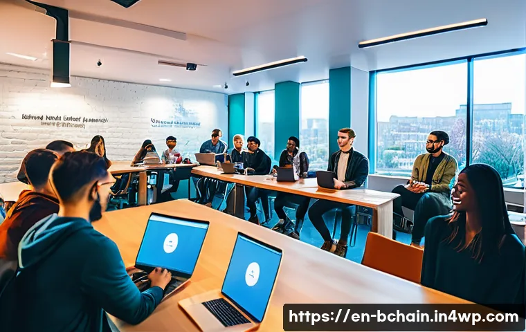 블록체인 프로젝트의 성공 요소 분석 - A vibrant, modern co-working space filled with diverse blockchain project team members and community...
