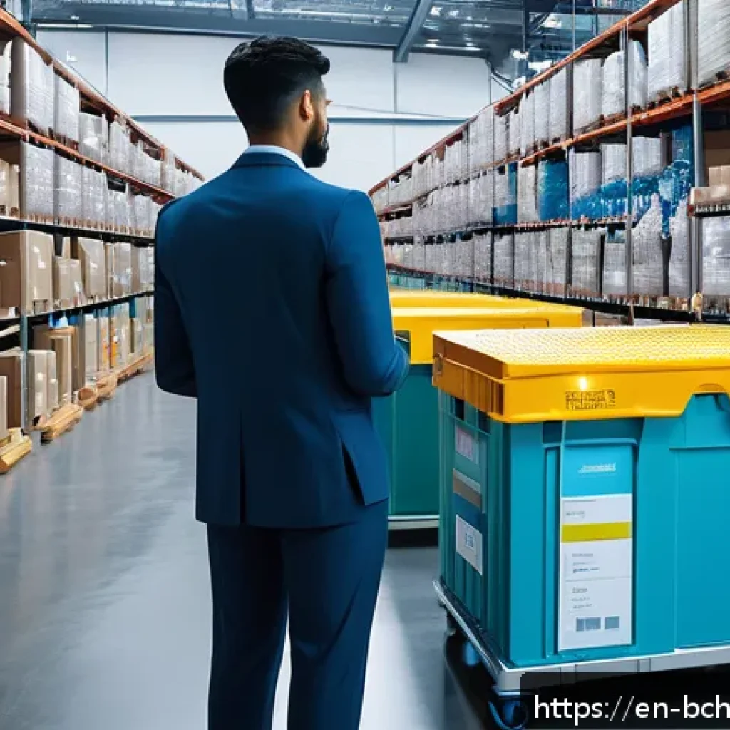 블록체인 기술의 주요 인물과 기업 - A futuristic pharmaceutical supply chain scene inside a high-tech warehouse, featuring diverse profe...