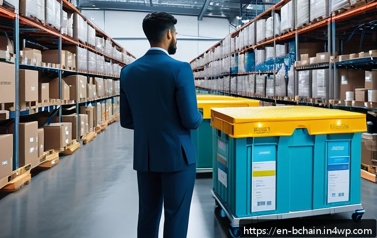 블록체인 기술의 주요 인물과 기업 - A futuristic pharmaceutical supply chain scene inside a high-tech warehouse, featuring diverse profe...