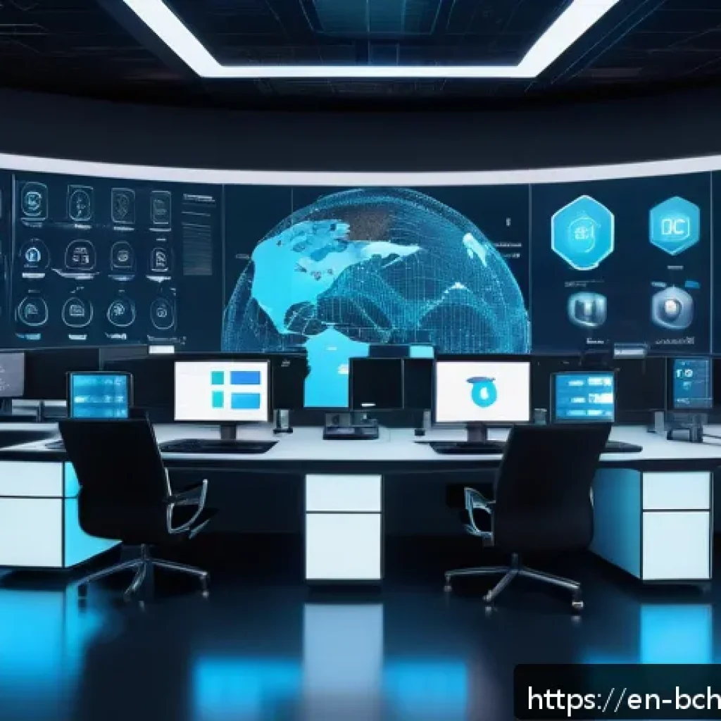 블록체인 기반의 자산 관리 시스템 - A futuristic financial control room with multiple transparent digital screens displaying real-time b...