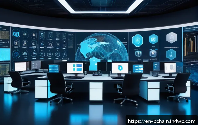 블록체인 기반의 자산 관리 시스템 - A futuristic financial control room with multiple transparent digital screens displaying real-time b...
