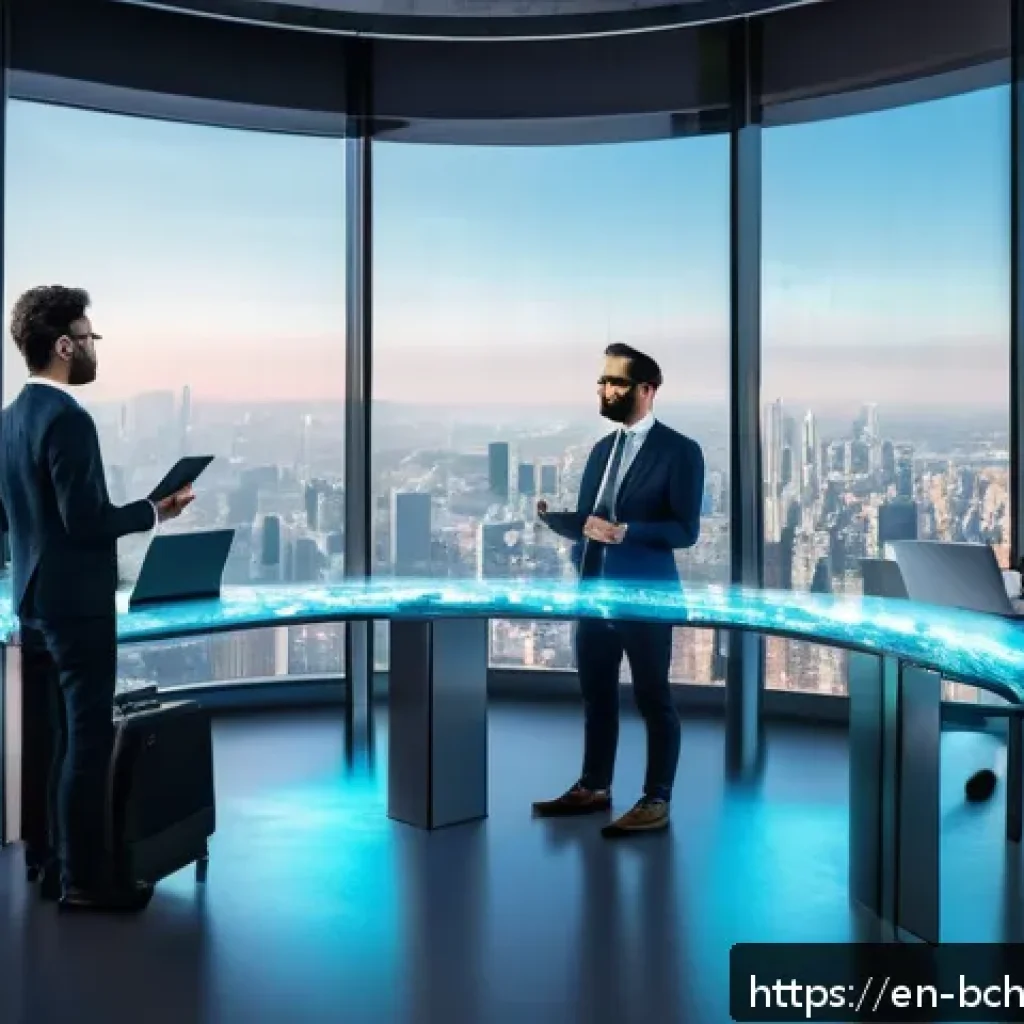 블록체인 기술의 경쟁력 있는 사례 - A futuristic financial technology office scene showing diverse professionals using holographic block...