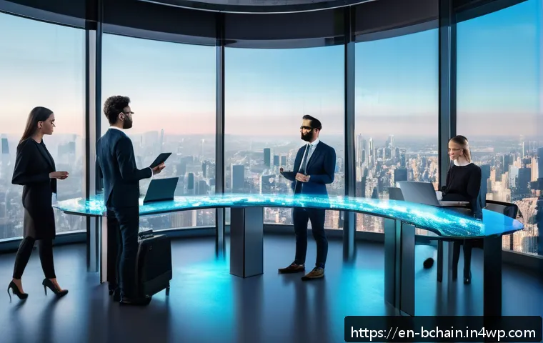 블록체인 기술의 경쟁력 있는 사례 - A futuristic financial technology office scene showing diverse professionals using holographic block...
