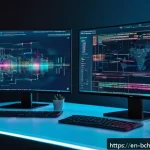 Home 19 초보자를 위한 블록체인 개발 언어 - A futuristic developer workspace featuring a diverse team of programmers coding blockchain smart con...