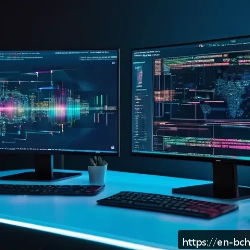 Home 31 초보자를 위한 블록체인 개발 언어 - A futuristic developer workspace featuring a diverse team of programmers coding blockchain smart con...