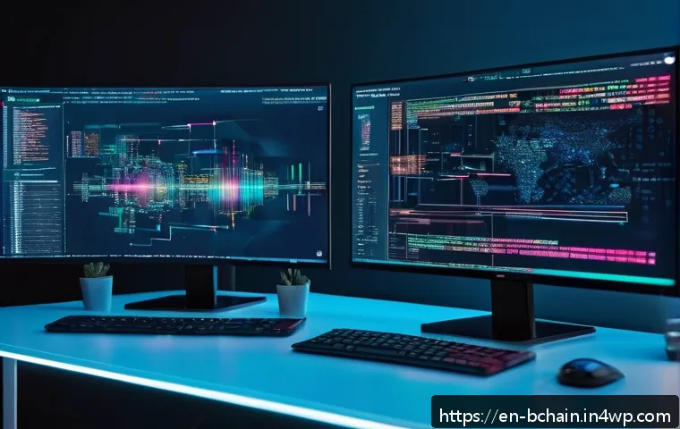 초보자를 위한 블록체인 개발 언어 - A futuristic developer workspace featuring a diverse team of programmers coding blockchain smart con...