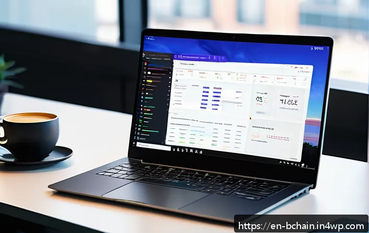 블록체인 개발을 위한 필수 도구 - A modern developer workspace featuring a sleek laptop displaying a smart contract framework interfac...