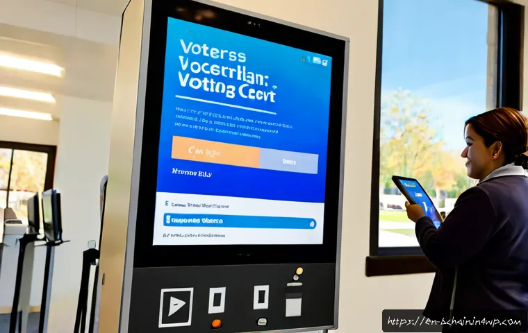 블록체인 기반의 투표 시스템 구축 - Photorealistic civic voting technology scene in a bright modern American community center, diverse a...