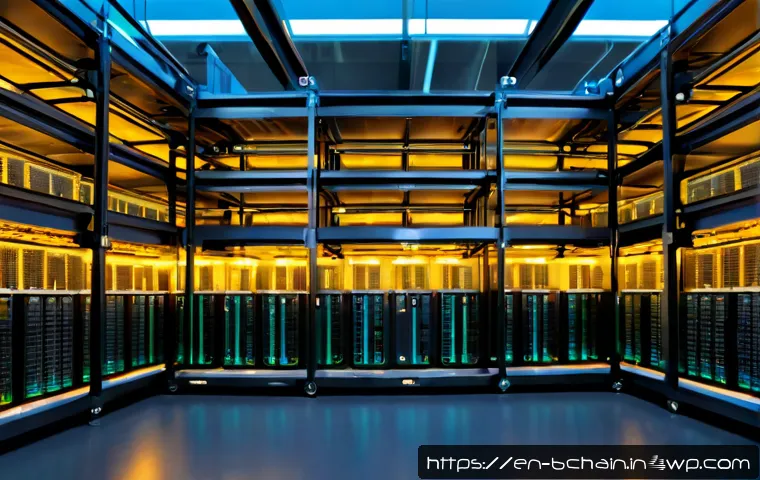 블록체인 기술의 환경적 영향 - Photorealistic wide-angle view of a large cryptocurrency mining data center with long rows of server...