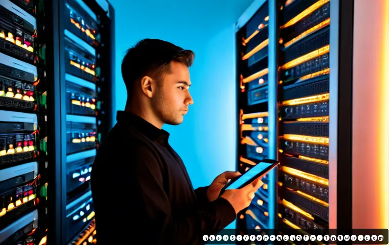 블록체인 기술의 기술적 제한 사항 - Photorealistic close-up of a modern data center technician studying a wall of server racks, several ...