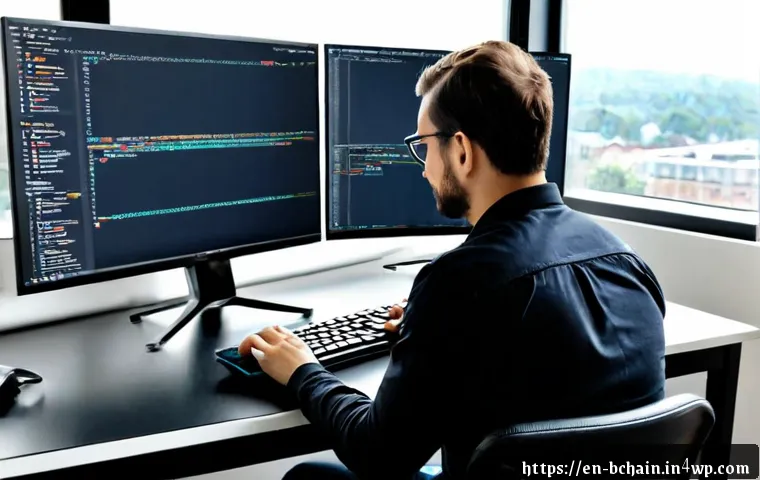 블록체인 개발의 실무적 접근 방식 - Photorealistic blockchain development workspace, mid-career software engineer reviewing a distribute...